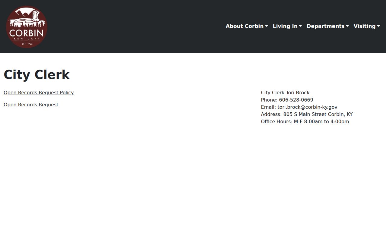 Corbin criminal records policy on the official Corbin City Clerk page