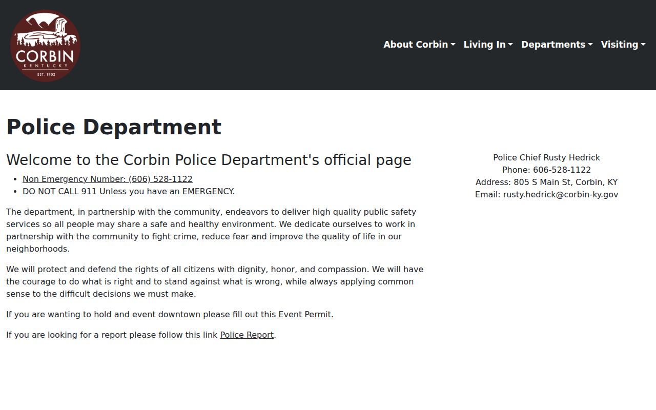 Corbin criminal history source on the official Corbin Police Department page